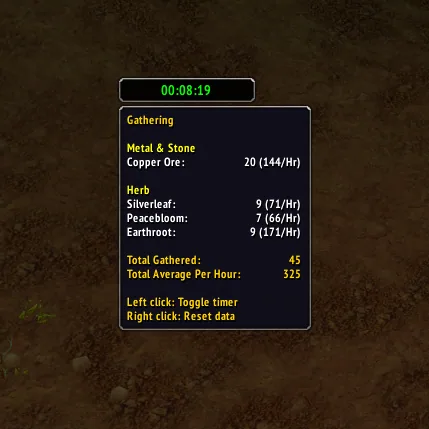 The Gathering window with a green timer at 00:08:19 and a tooltip listing copper ore and herbs gathered with their per-hour rates and a total of 45 items.