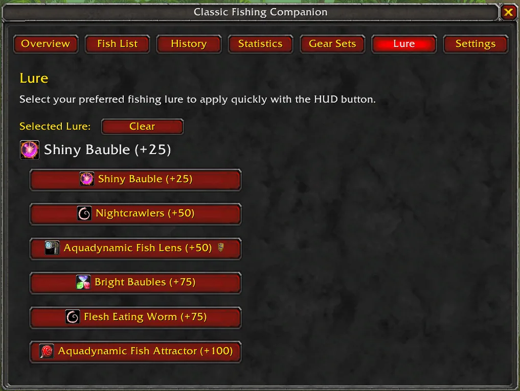 The Lure tab with a list of fishing lures to choose from for the HUD button