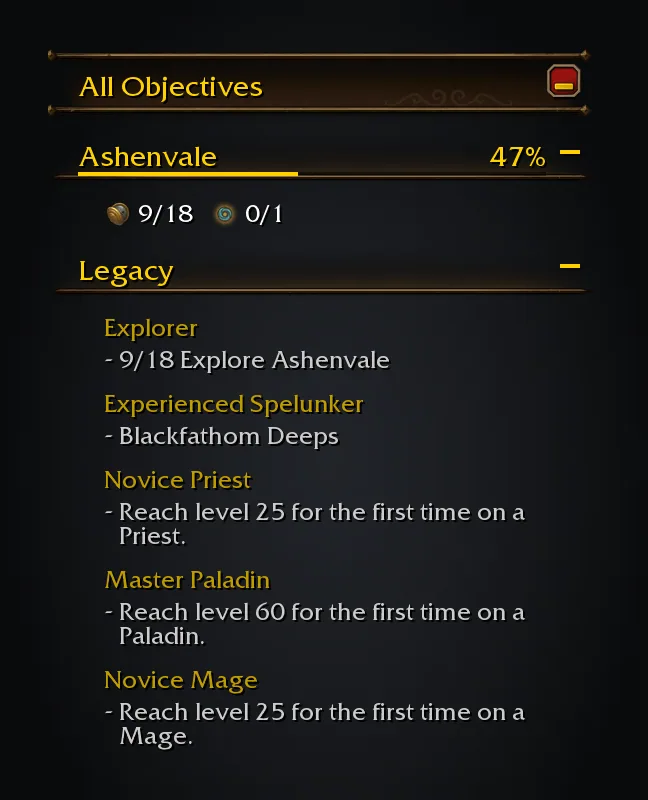The objective tracker with Ashenvale zone completion and the tracked Legacy challenges and their steps