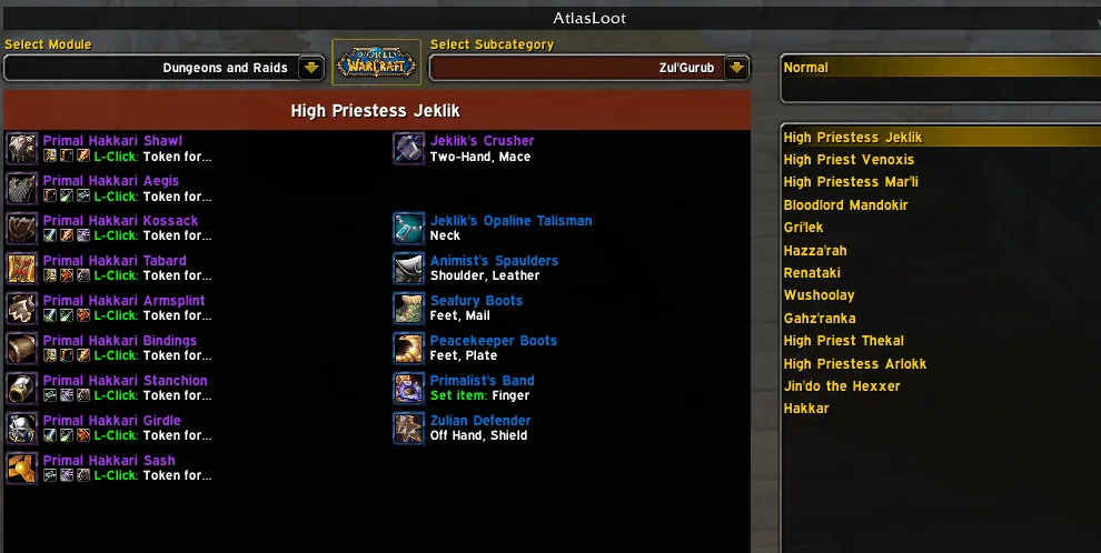 The AtlasLoot window on Dungeons and Raids showing the loot of High Priestess Jeklik in Zul'Gurub with item slots and types, and the boss list on the right