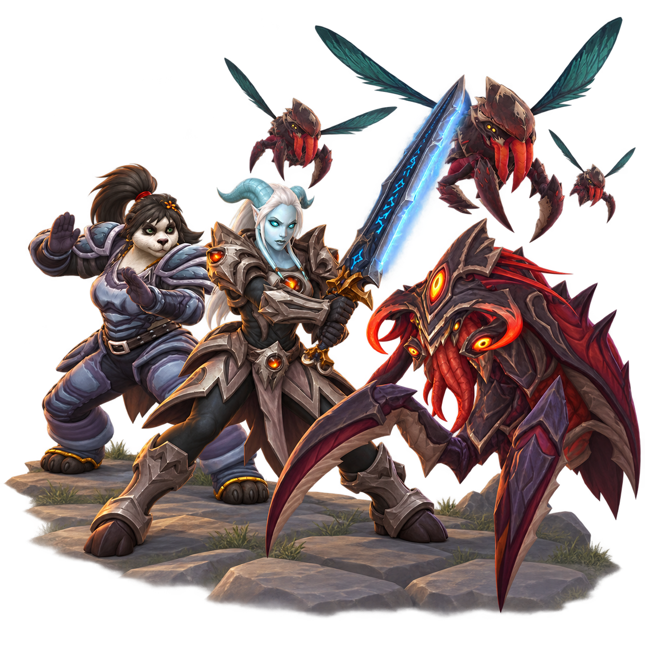 A draenei death knight raises her runeblade against a charging Aqir while a pandaren monk guards her flank and Aqir swarmers dive from above.