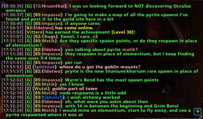 Guild chat with timestamps and player levels in front of class-colored names