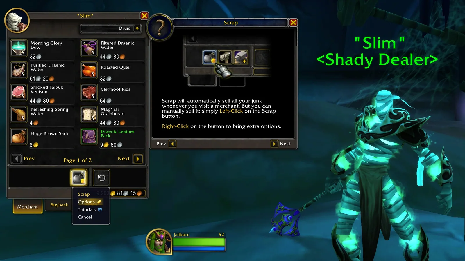 The Scrap button menu with Options and Tutorials next to the built-in tutorial window