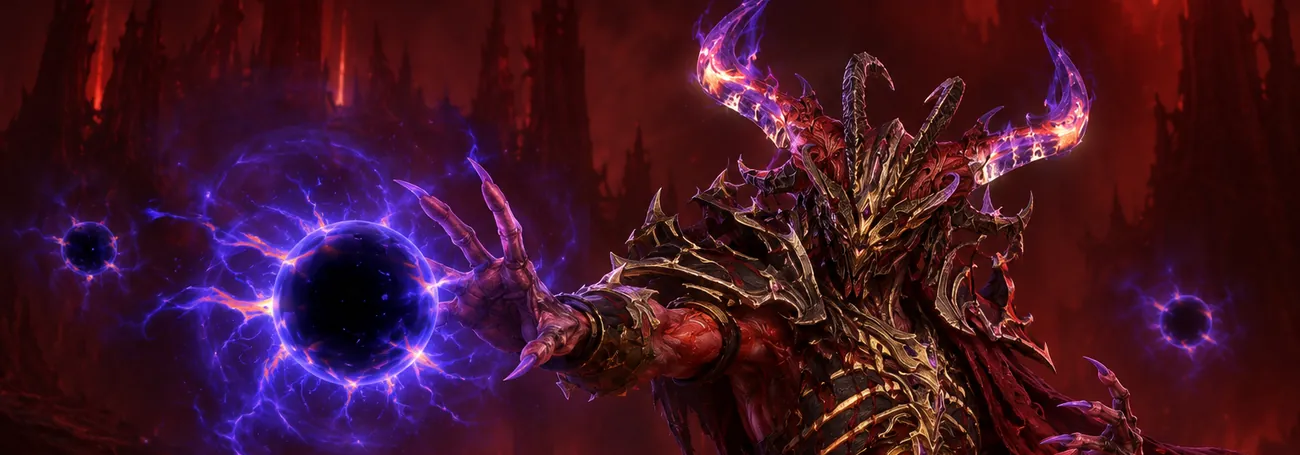 Bartuc, der Herr des Chaos, hebt in der Arena der Höllenhorden in Diablo 4 seine Klauenhand zwischen violetten Chaosportalen
