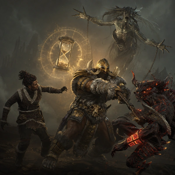 Diablo 4 heroes fighting demons beside a glowing hourglass