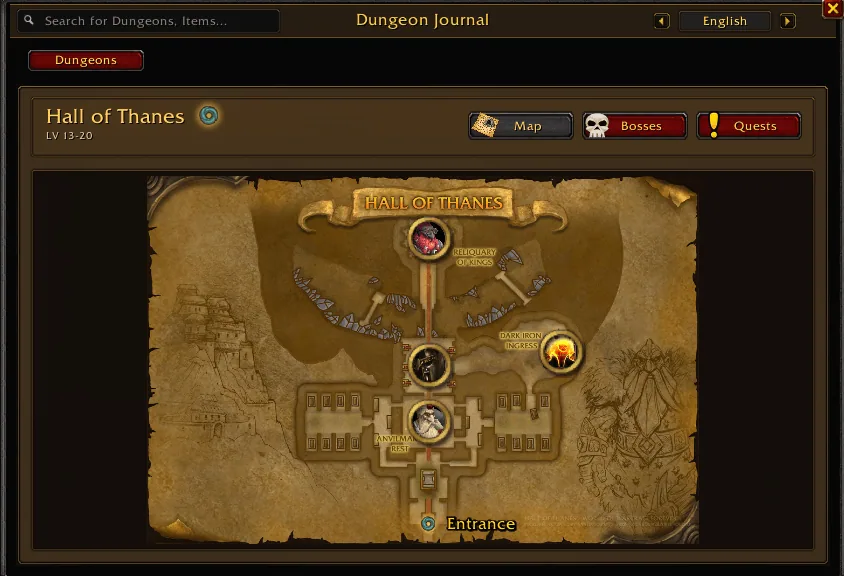 Parchment map of Hall of Thanes with boss pins and the dungeon entrance at the bottom.