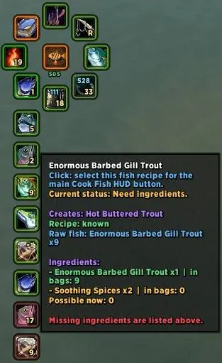 The FishFry HUD with its Cook Fish list and a tooltip showing a recipe, its ingredients and what is missing