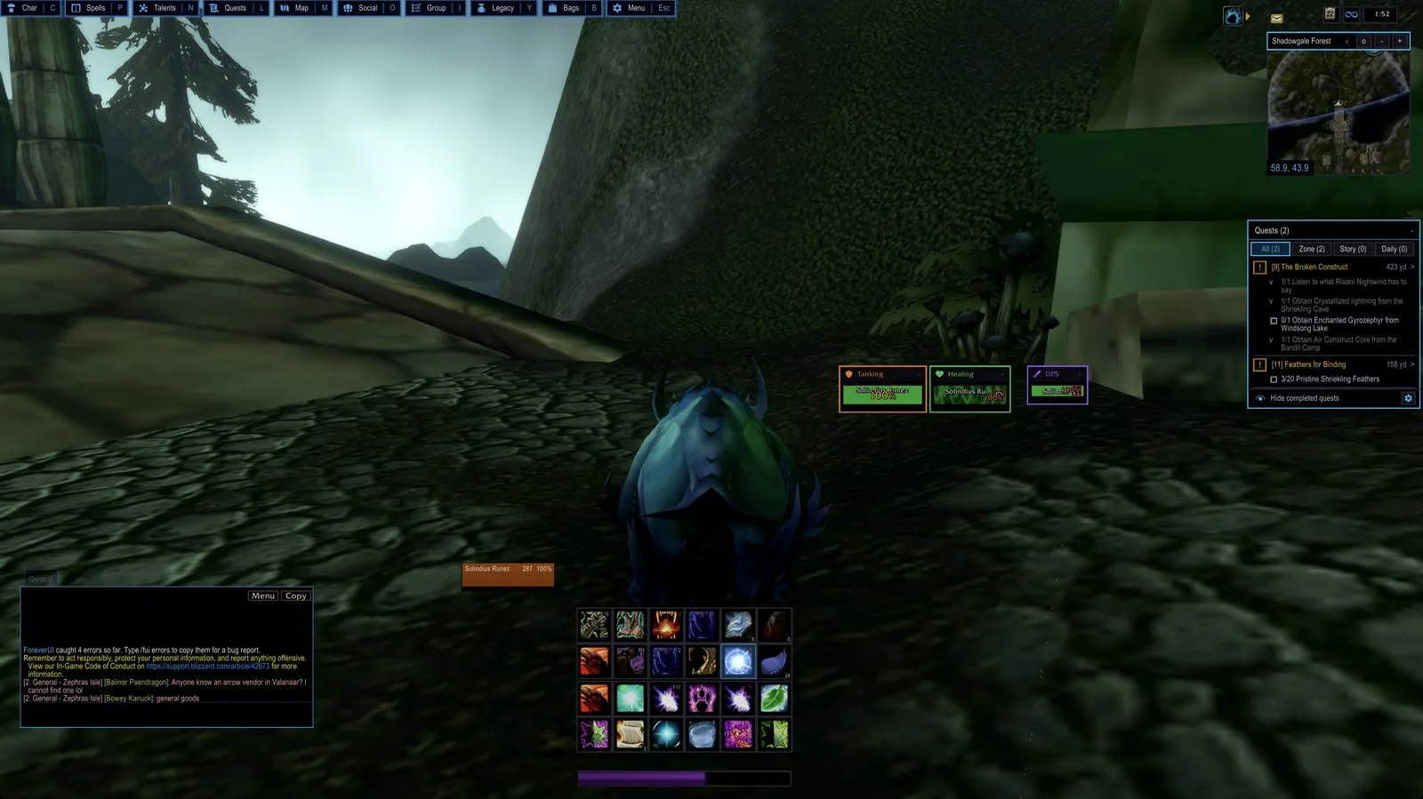 ForeverUI in the game world with action bars, role grids, minimap and quest tracker