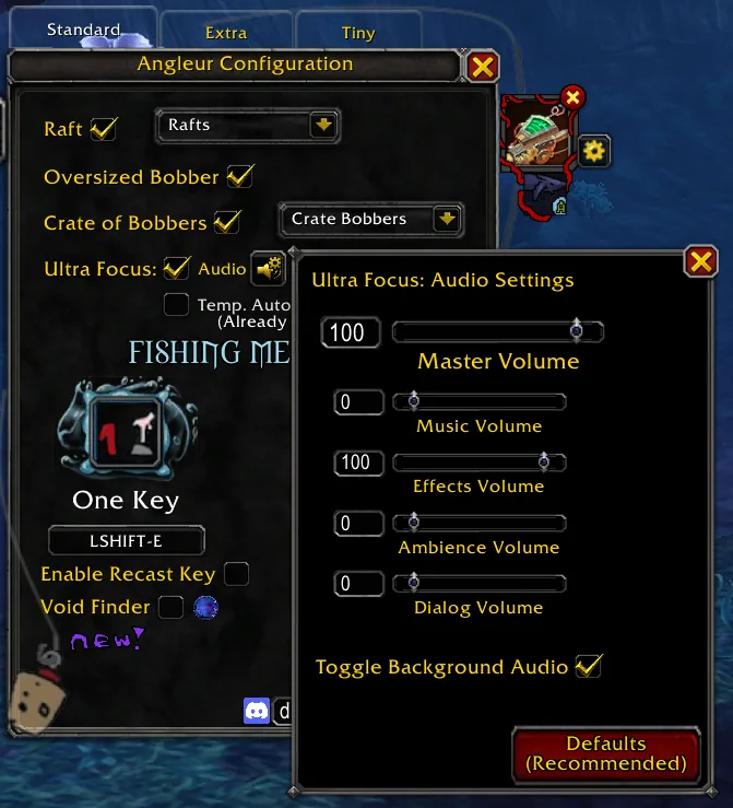The Angleur config panel on the Standard tab with the fishing method set to One Key and the Ultra Focus audio settings window open beside it