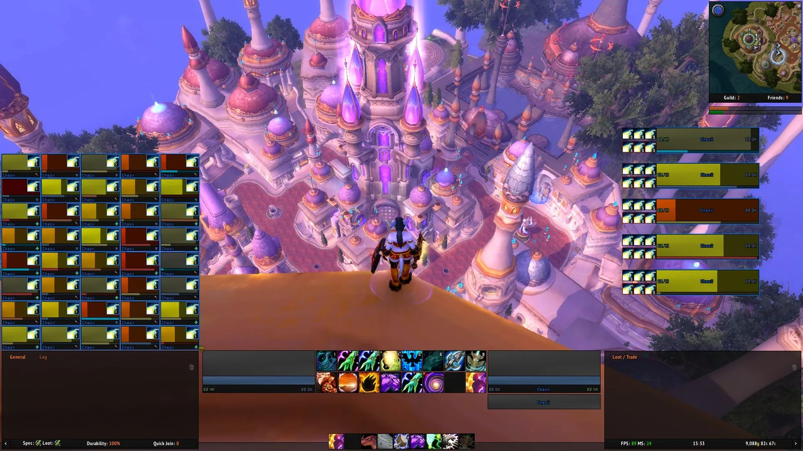 A full ElvUI layout in a Retail client with a raid grid on the left, five unit frames on the right, action bars and chat panels along the bottom and the minimap top right