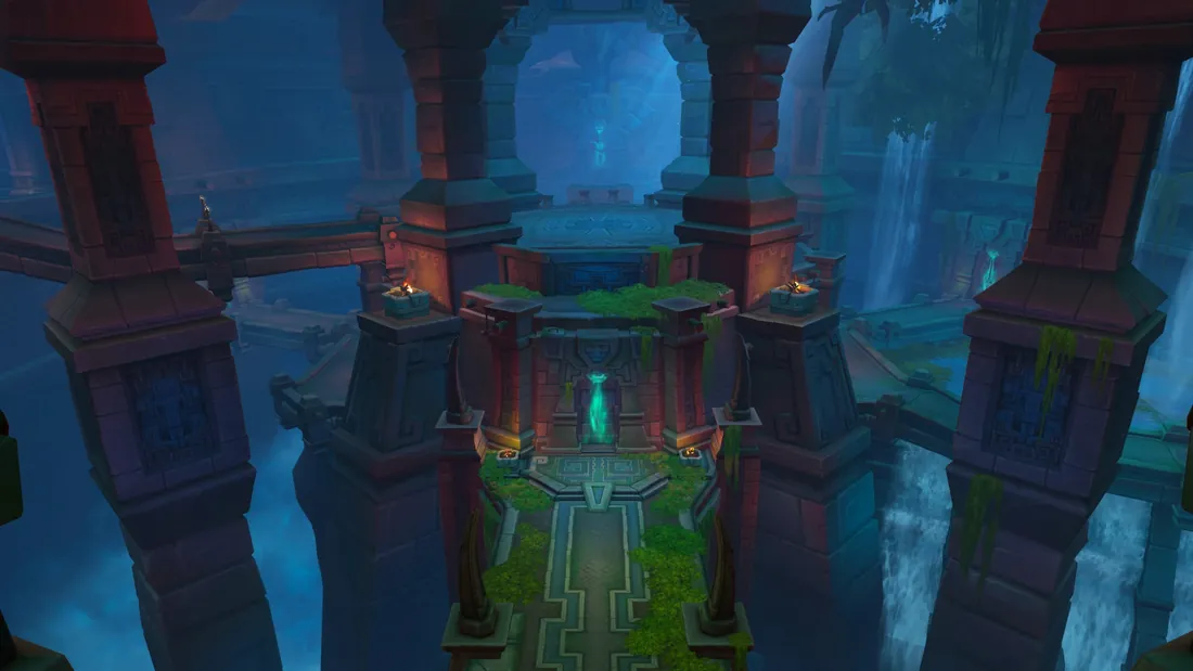 Amani chamber in Kindo’jan’s Labyrinth with a stone bridge, teal spirit doorway and waterfalls