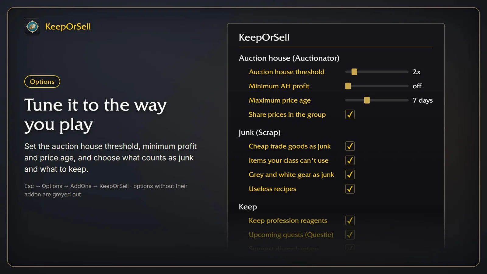 Illustration of the KeepOrSell options with the auction house threshold, minimum profit, maximum price age and the junk and keep checkboxes.