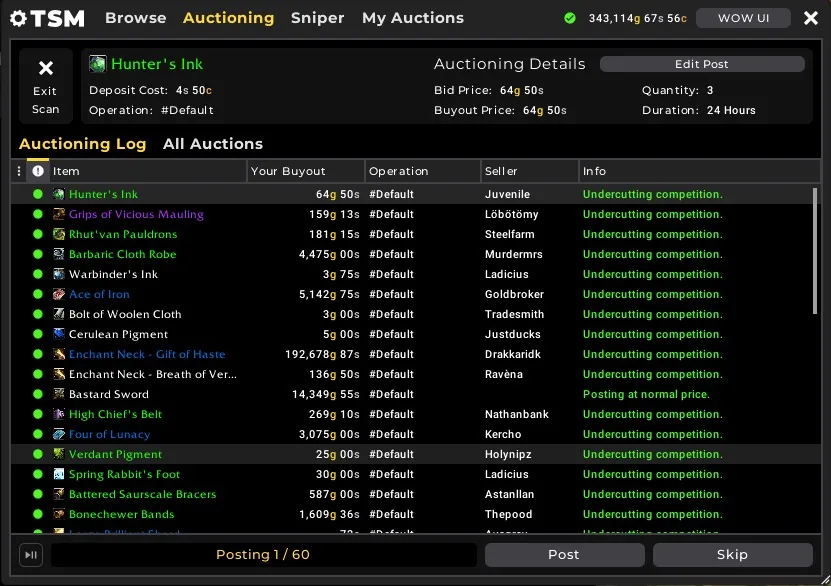 The TSM Auctioning scan listing items with your buyout price, the seller and the undercutting note