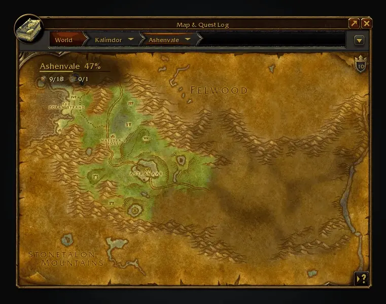 Ashenvale on the world map as two areas are found, the completion corner folding away, then the Legacy menu opening