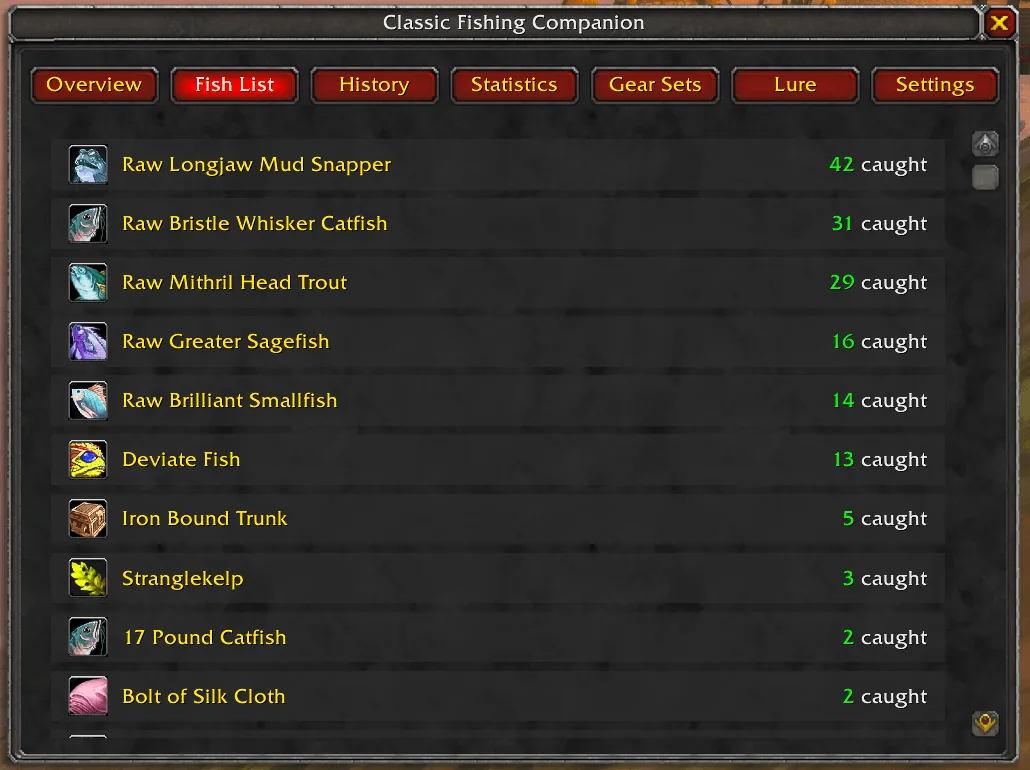 The Fish List tab showing each caught fish with its icon and how many were caught