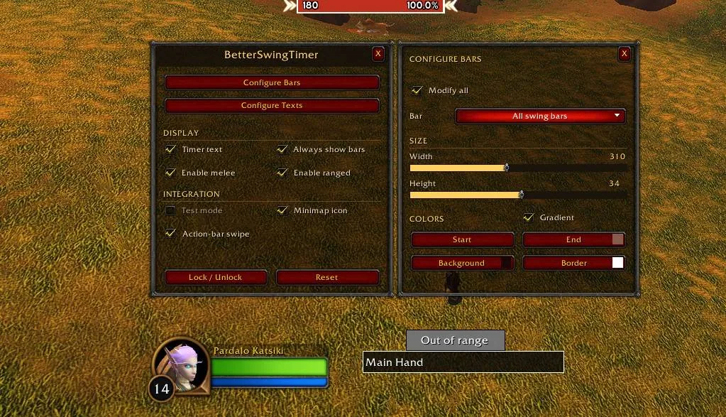 BetterSwingTimer settings window with display options next to the Configure Bars panel, which has size sliders and colour buttons.