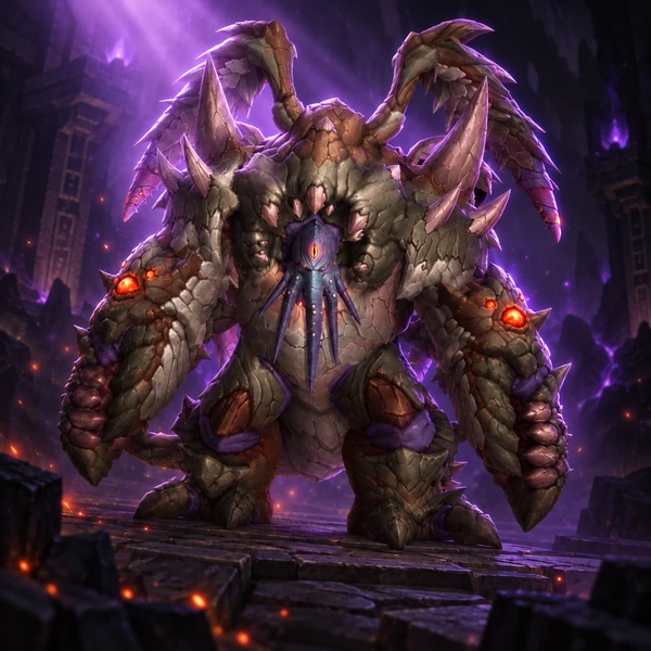 Raid boss Kith’ix centered beneath violet magical light, with blue facial tendrils and glowing red forearm nodes.