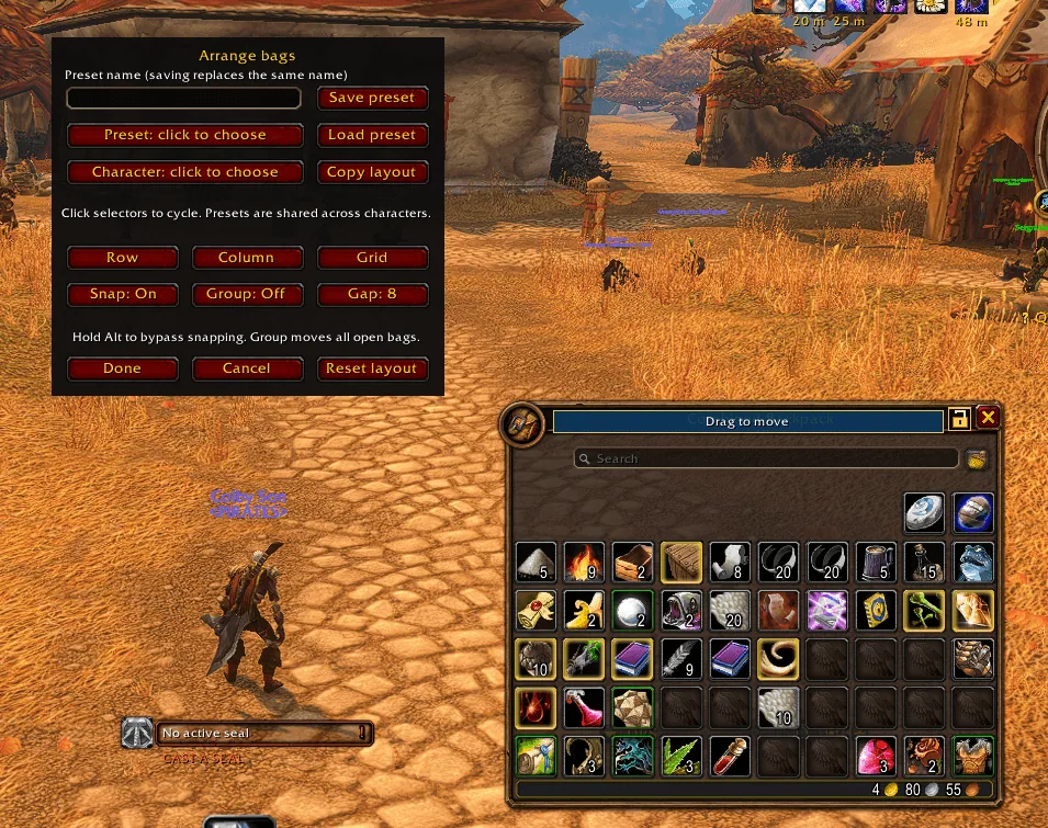 The Arrange bags panel with preset and layout buttons next to the combined backpack in the game world.