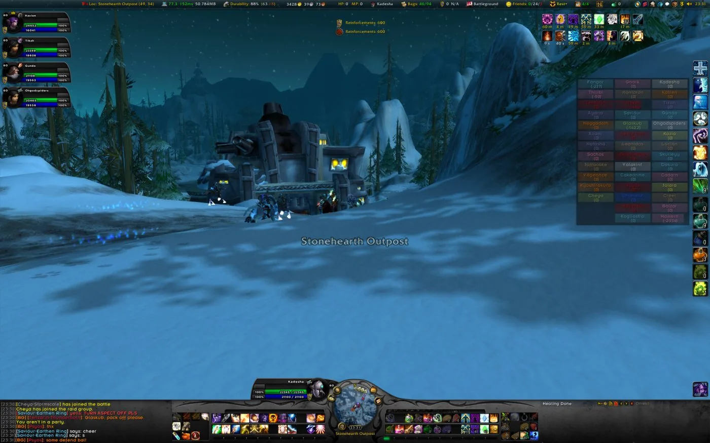 HealBot with class colors on the right side of a SpartanUI screen during a battleground