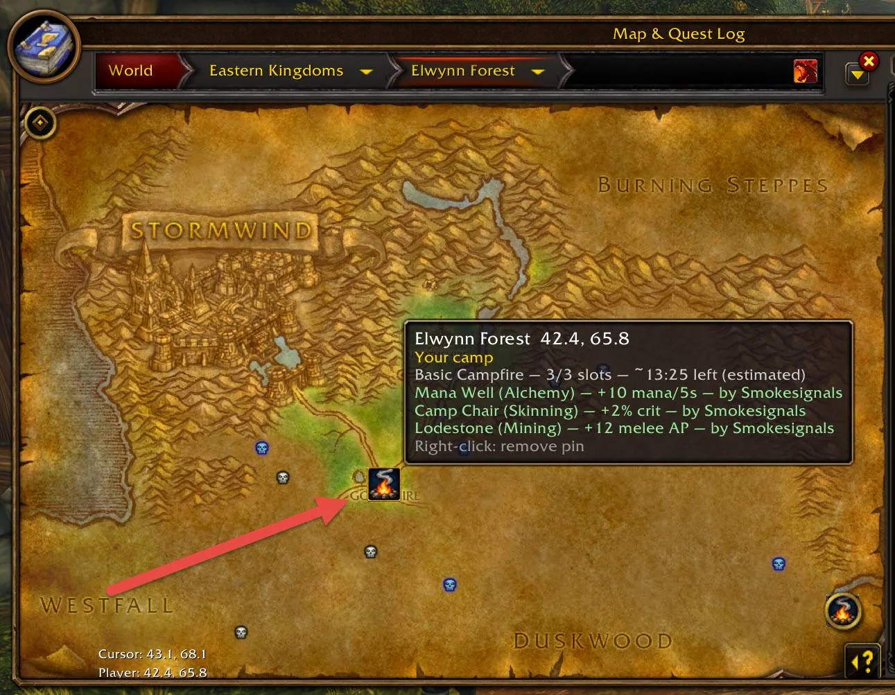 World map of Elwynn Forest with a campfire pin and a tooltip listing the camp's objects, their bonuses and the time left