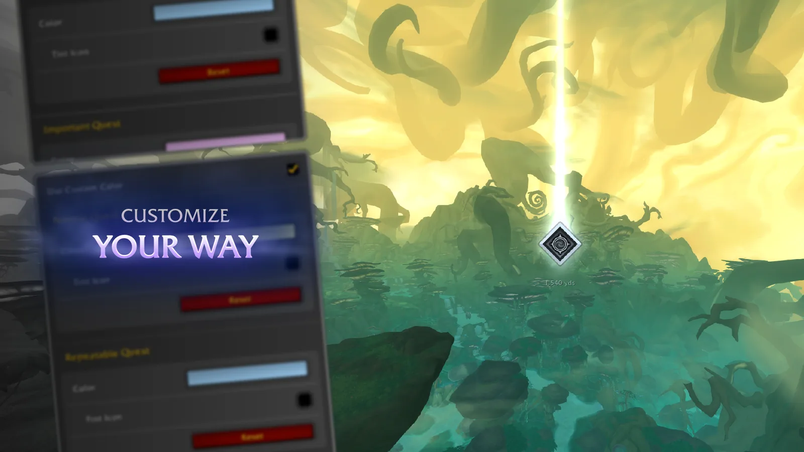 A waypoint with a beam at 1,540 yards next to blurred settings panels for colors per quest type.