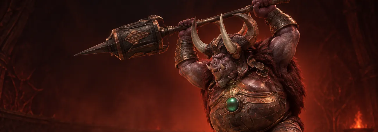 Ein riesiger gehörnter Erster Khazra hebt in einer Ritualarena der Dunklen Zitadelle in Diablo 4 seine gewaltige Hellebarde