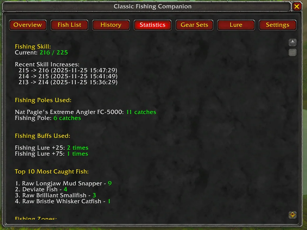 The Statistics tab with fishing skill, recent skill increases, poles and lures used and the top 10 most caught fish