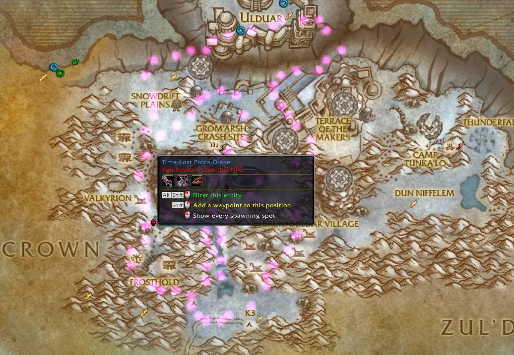 Zone map with dotted spawn areas of a rare NPC and a tooltip offering to filter it or add a waypoint