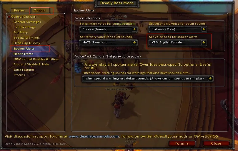 DBM spoken alert settings with voice pack and countdown voice selection