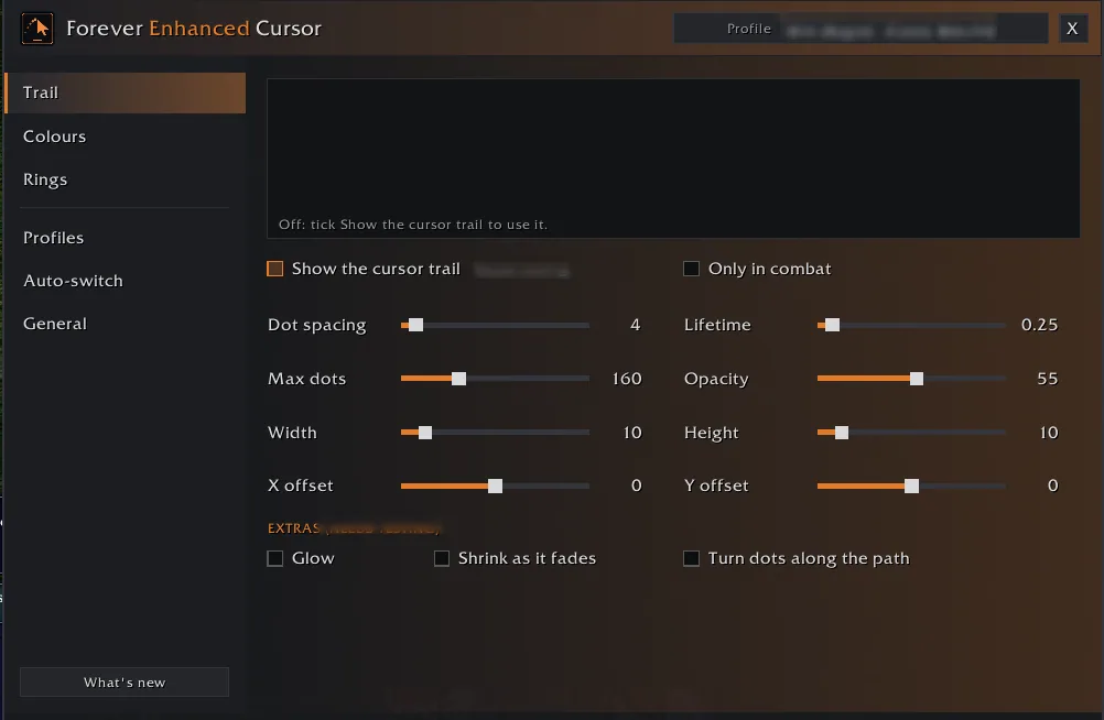 The Trail page of the settings window with sliders for dot spacing, lifetime, max dots, opacity, width, height and offsets.