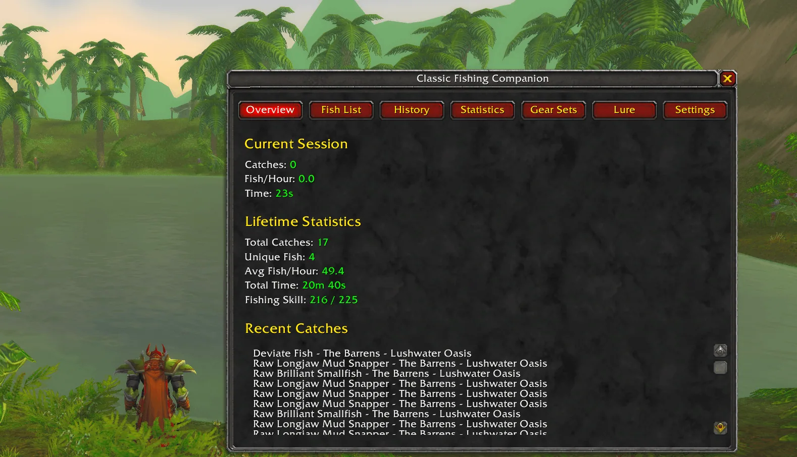 The main window on the Overview tab with the current session, lifetime statistics and a list of recent catches
