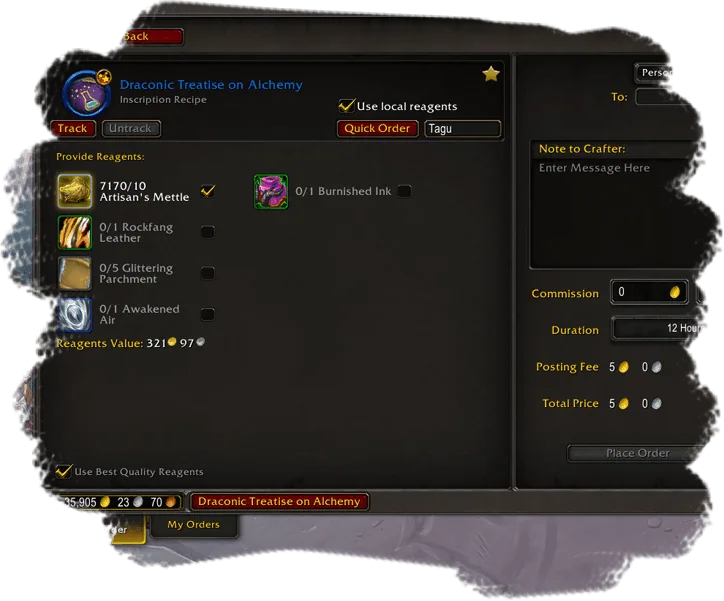 Profession window recipe page with the Track and Untrack buttons and the reagents the recipe needs