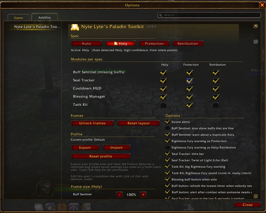 Options window of the toolkit with spec buttons, a module grid per spec, profile export and import, and a list of tick-box options.