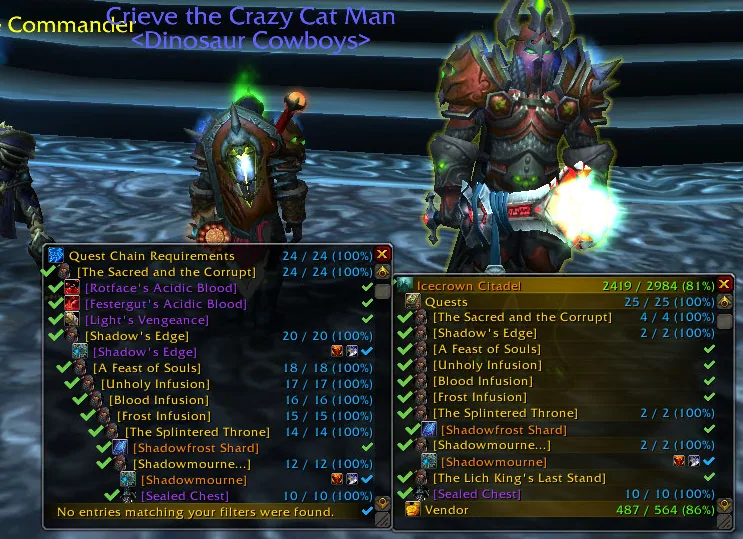 The quest chain window of AllTheThings for the Icecrown Citadel quests, with each step ticked off