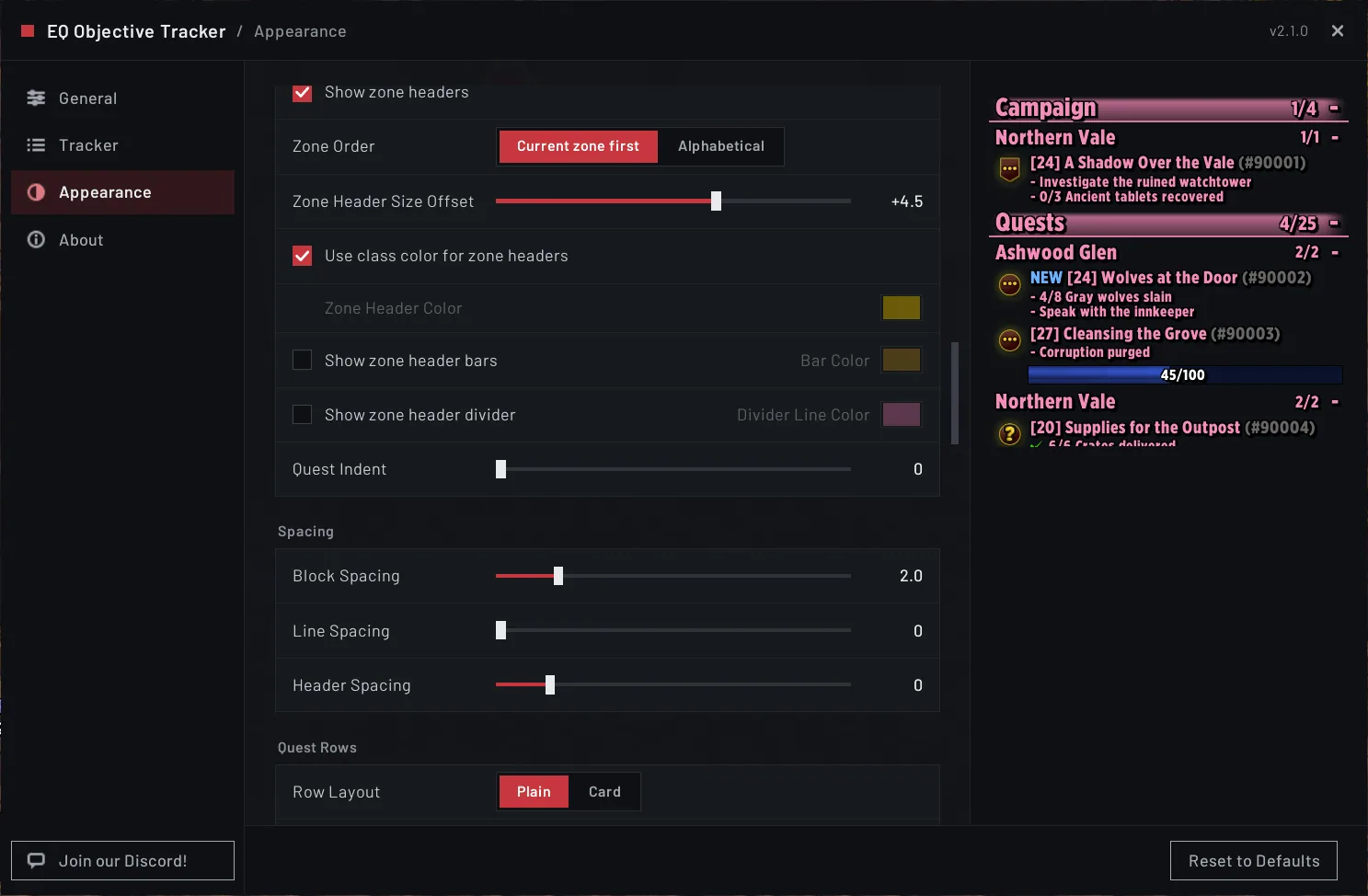 The Appearance tab of the options window.