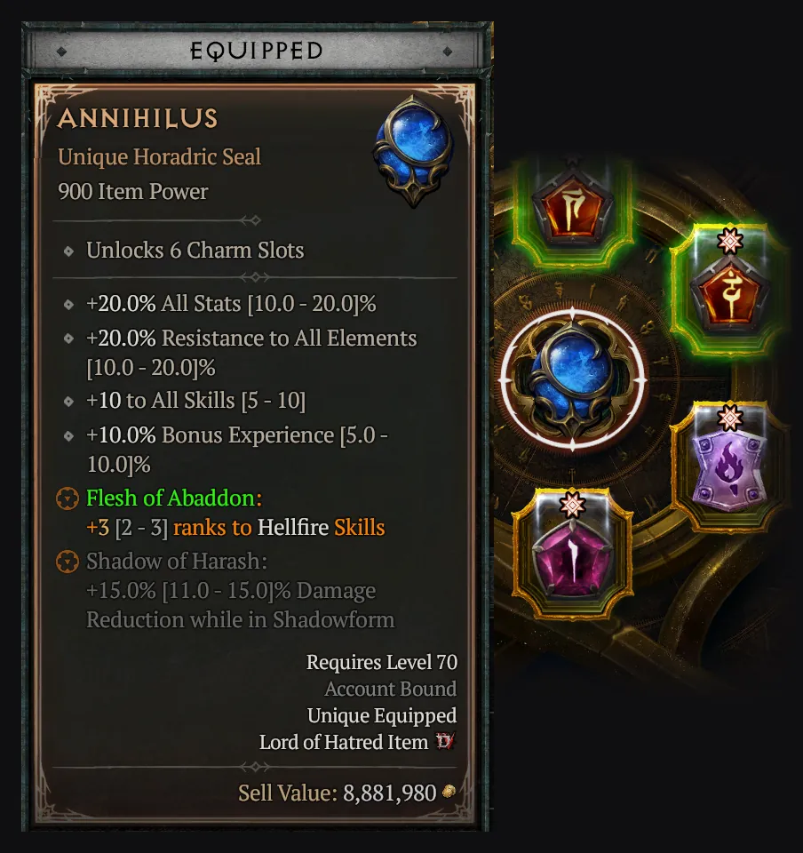 Annihilus tooltip in Diablo 4 after a reroll, next to the Talisman with Annihilus in the Seal slot and a Hellfire Torch among the Charms