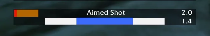 Hunter bars: an Aimed Shot cast bar over a white and blue Auto Shot bar, with times 2.0 and 1.4.