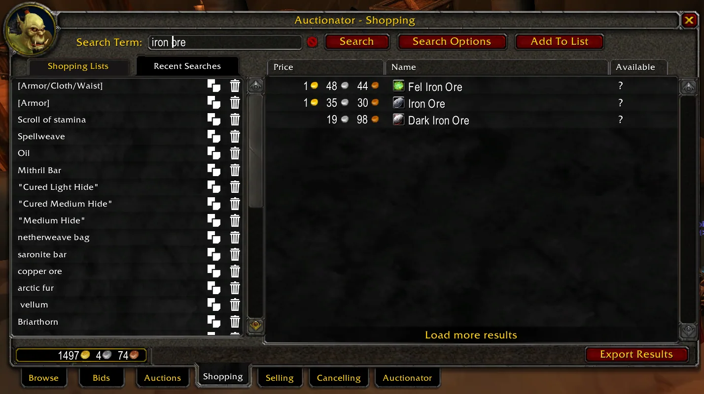 Auctionator Shopping tab in Classic with saved shopping lists and search results for ore