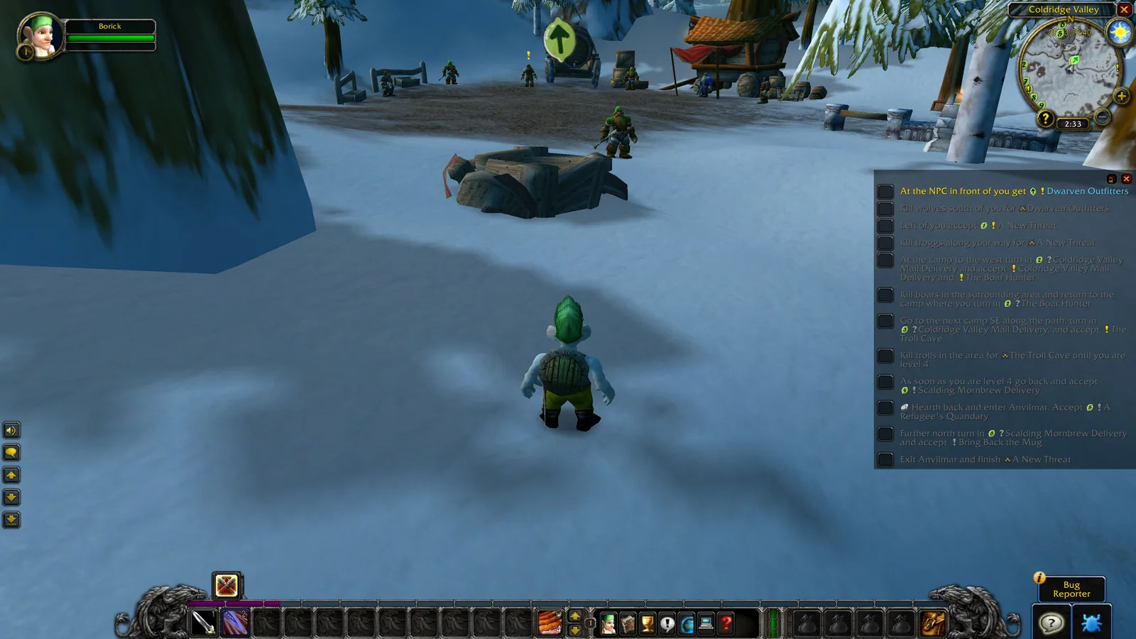 A gnome in the Coldridge Valley starting zone with the Guidelime step list at the right of the screen, a green arrow above the character and quest markers on the minimap