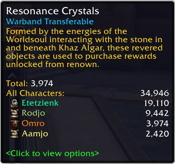 A currency tooltip that shows how much of that currency each character holds.