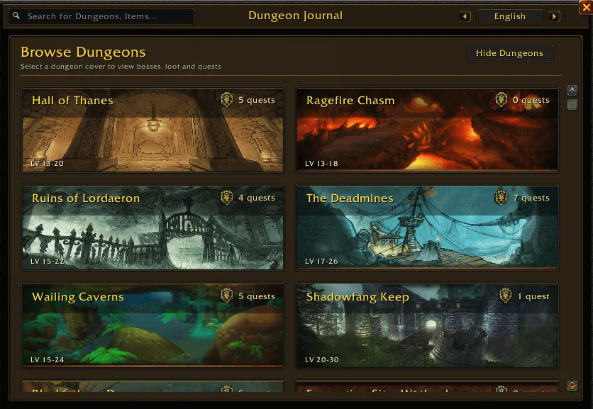 Dungeon Journal home page with cover cards for Hall of Thanes, Ragefire Chasm, Ruins of Lordaeron, The Deadmines, Wailing Caverns and Shadowfang Keep, each with a level range and quest count.