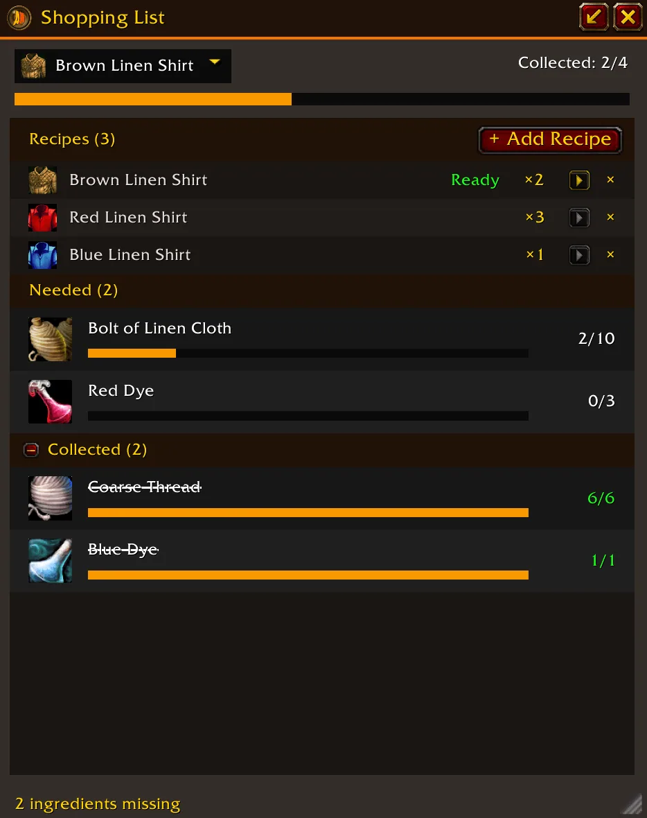 The AuctionMaster shopping list with three Linen Shirt recipes and the reagents still needed and already collected