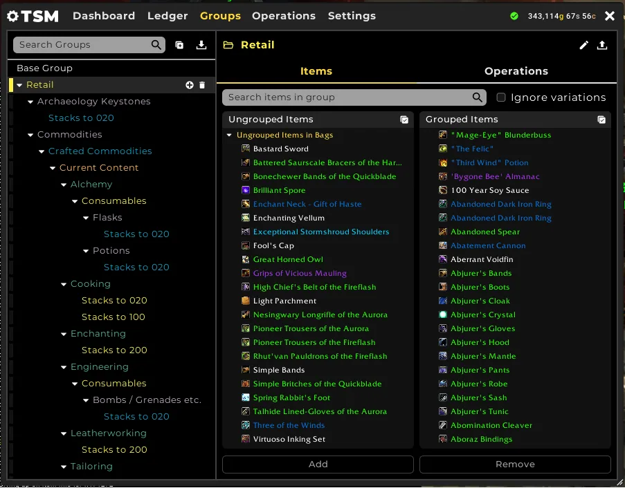 The TSM Groups tab with a tree of item groups and the ungrouped and grouped item lists