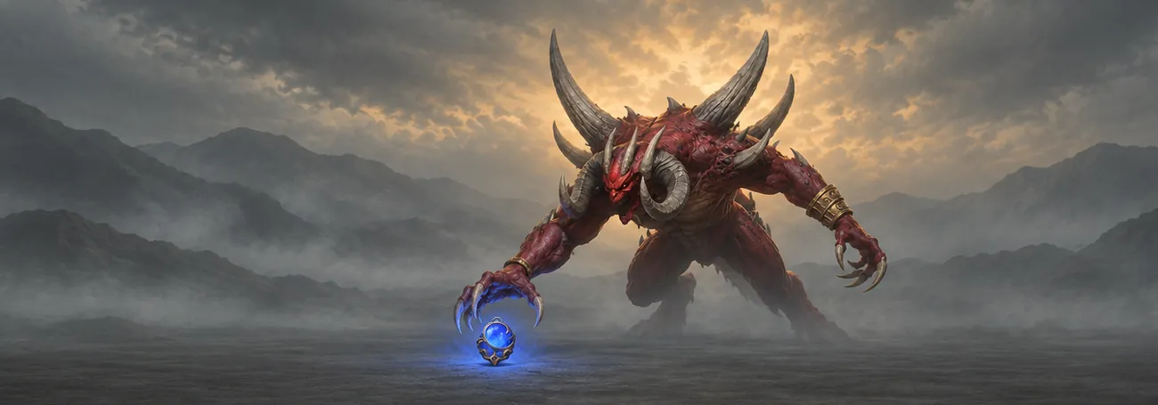 The Echo of Uber Diablo reaches for the blue Annihilus seal on a desolate World Boss arena