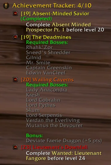 The on-screen achievement tracker listing dungeon bosses and quest goals with level limits