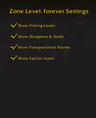 The addon's settings window with four checkboxes: fishing levels, dungeons and raids, transportation routes and faction icons.