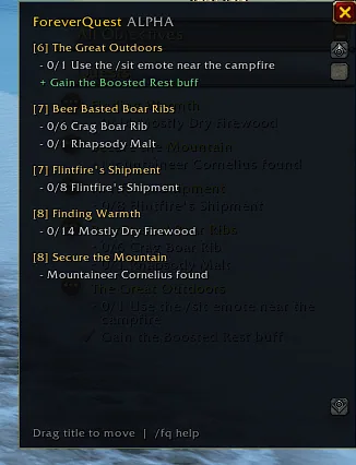 The ForeverQuest tracker window with quests, objectives and a bonus line, in Dun Morogh.