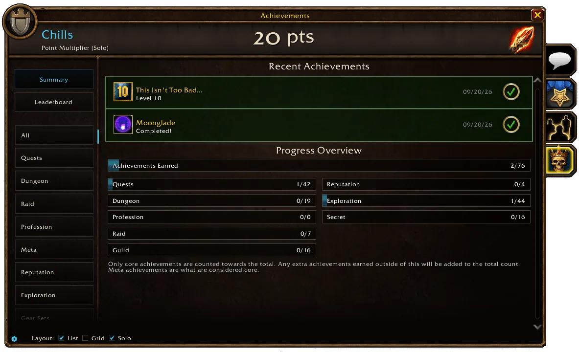 The Hardcore Achievements window in Forever with points, recent achievements and a progress overview per category