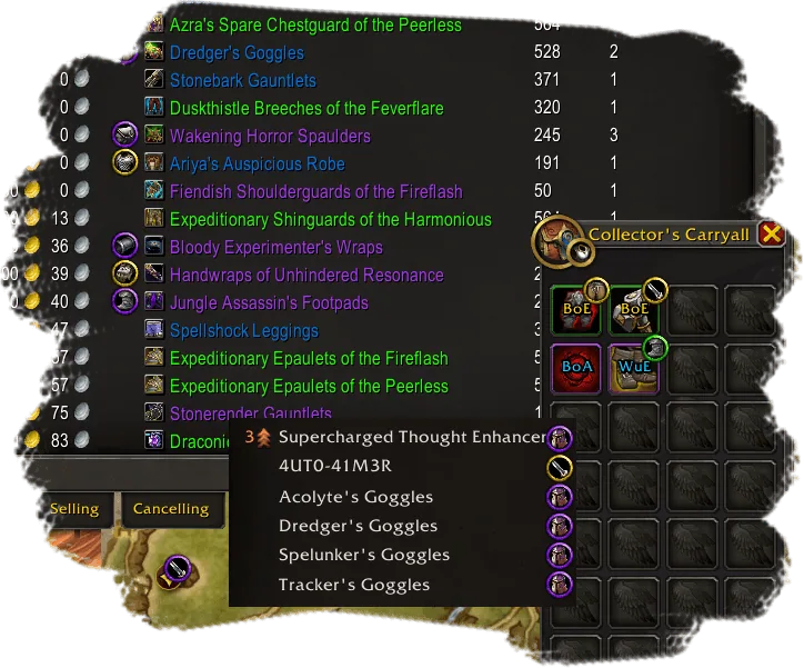 Collection icons on items in an auction house list and in a bag window, with a tooltip list of goggles and their status icons
