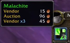A Malachite tooltip with three rows: Vendor price, Auction price and the vendor value of a stack of three